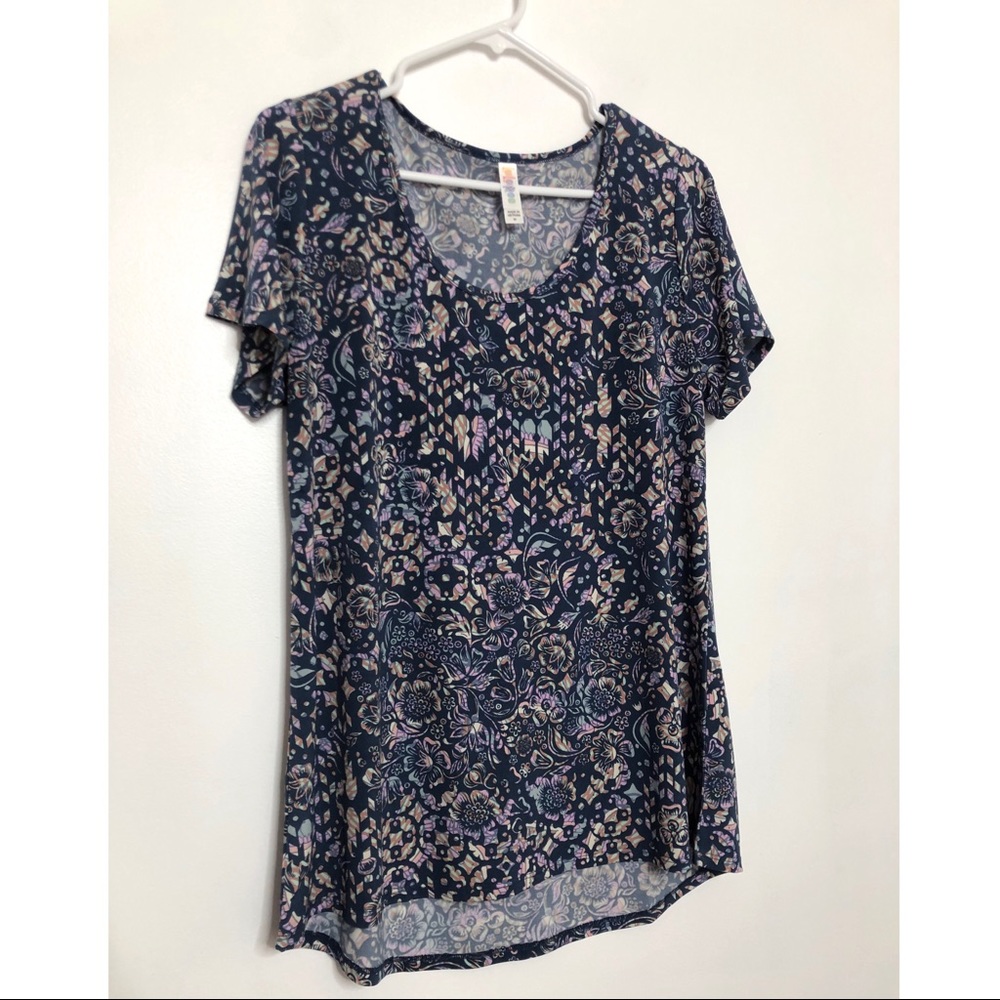 LuLaroe Women’s Navy Blue Artisan Pattern Short Sleeve Top
